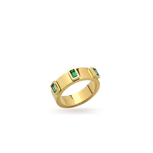 The Emerald Ring, a gold ring adorned with rectangular emerald green gemstones.