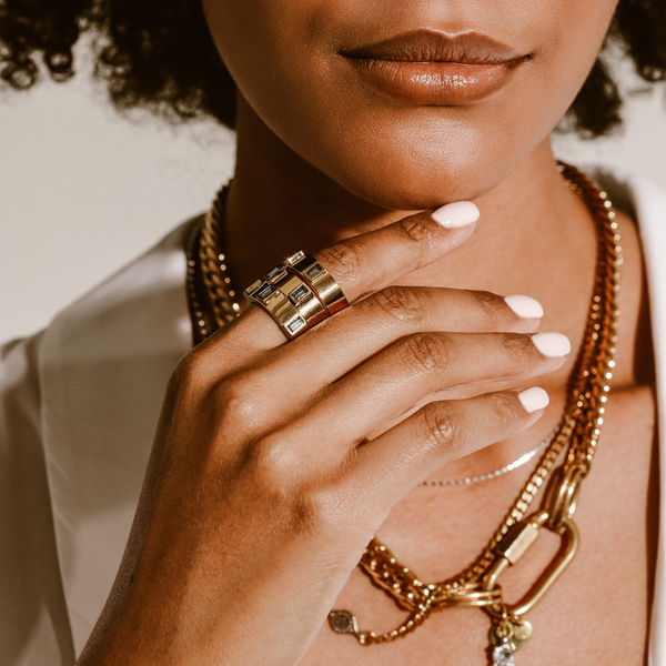 Model wearing three Emerald Rings which are made of 5mm Stainless steel 18k gold plated with 3 emerald zirconia stones encrusted. She is also wearing the Maya layered necklace set. 