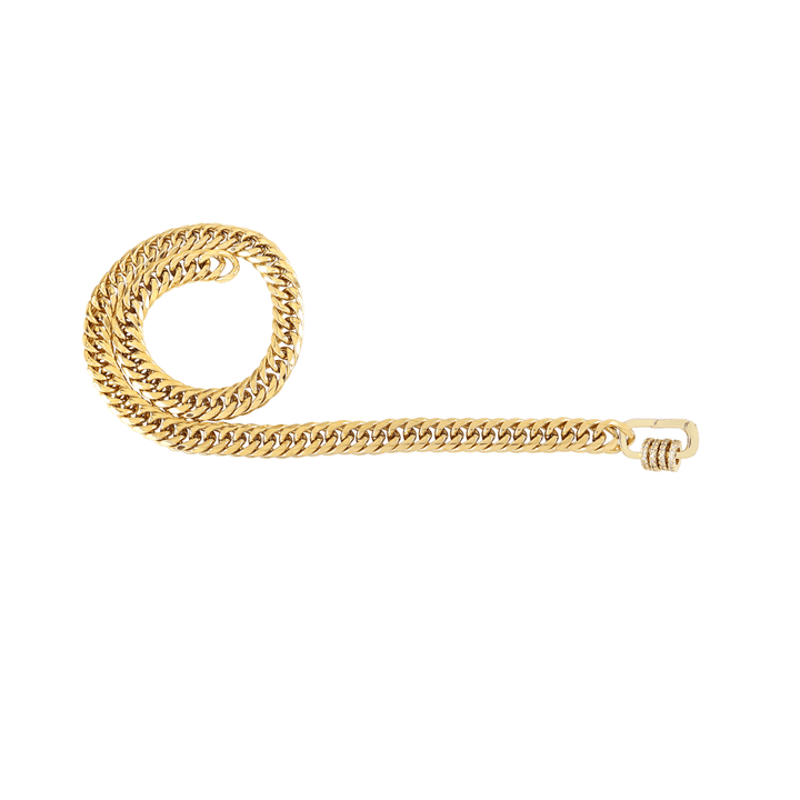 The JUST CLICK HOOPS CHAIN, a single elegant gold chain necklace with a silver click clasp accented by donut-shaped sparkling hoops, creating a sleek mixed-metal statement piece. ||| GOLD