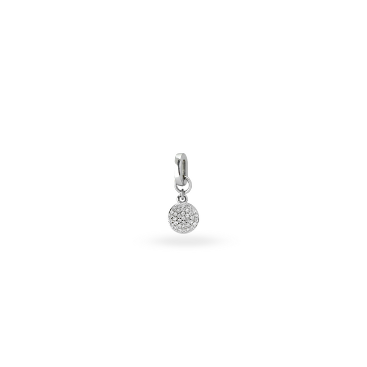 The Dot Link Charm, which is a circle shaped diamond encrusted charm. ||| SILVER