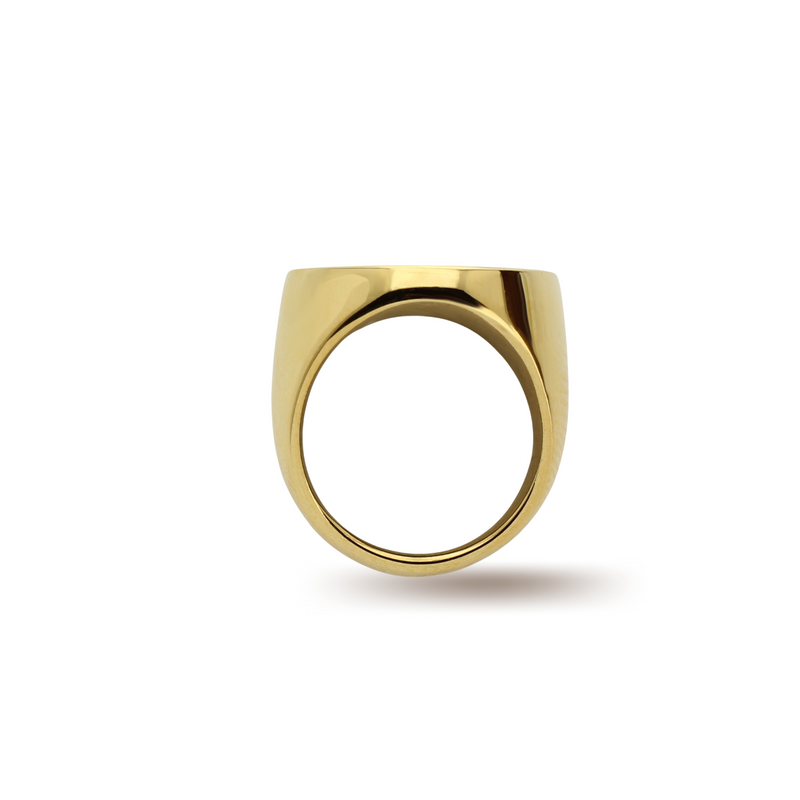 The SOLO GOLD RING which is made of an 18k Gold plated Stainless steel. It's an oversized flat oval shaped ring.