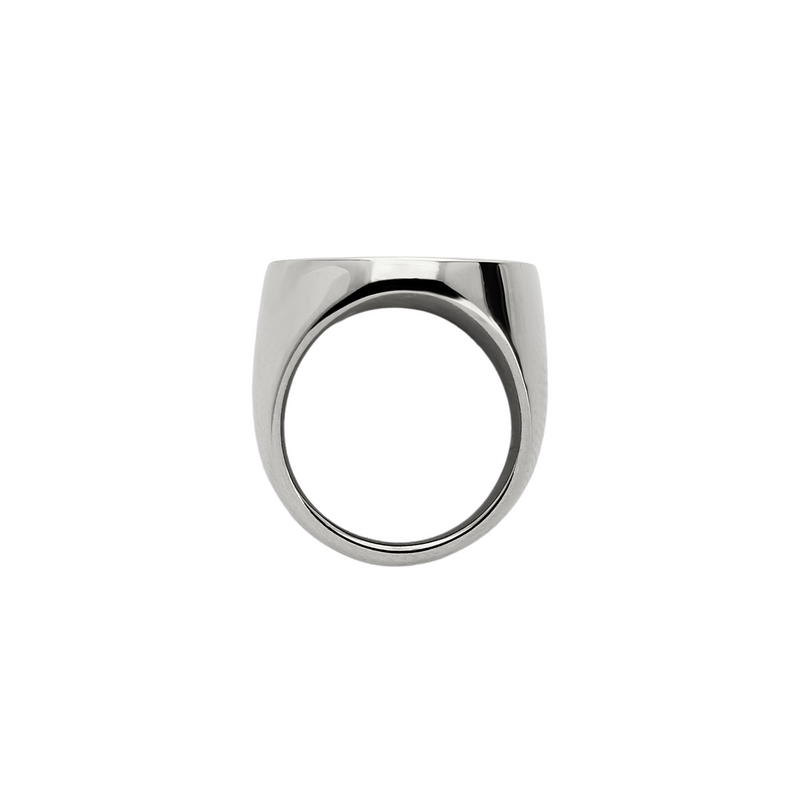 The SOLO SILVER RING which is made of Rhodium plated Stainless steel. It's an oversized flat oval shaped ring.