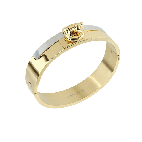 The Herradura Bangle, a gold and silver bangle bracelet with a prominent, horseshoe-shaped clasp. ||| MIX