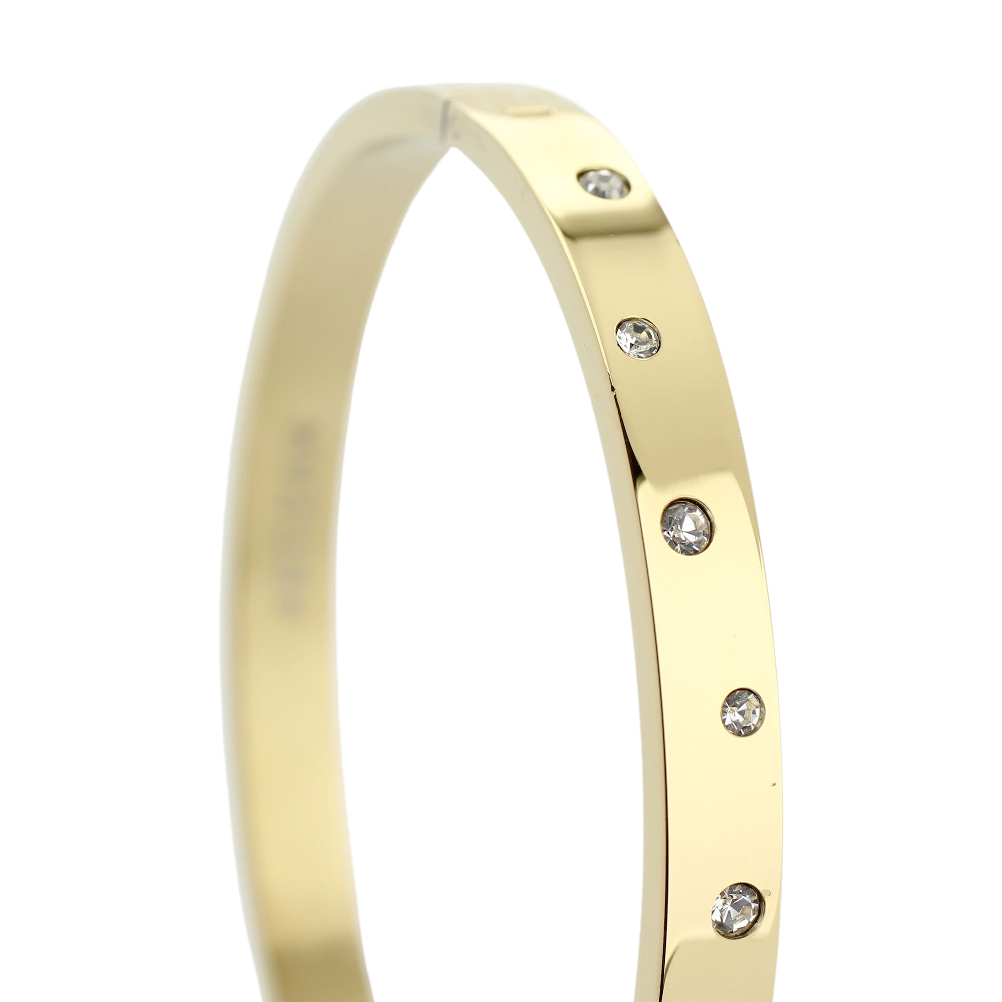The BUBBLES BANGLE which is made of Gold plated Stainless steel with encrusted zirconias around. ||| GOLD
