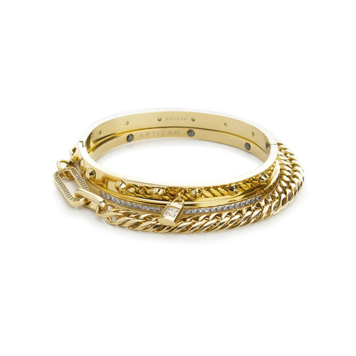 The CAPABLE STACK comes with gold Layered Bracelet Stack featuring three bracelets with a mix of chain and cuff styles. The stack includes a diamond-studded padlock charm and a bold spike charm.