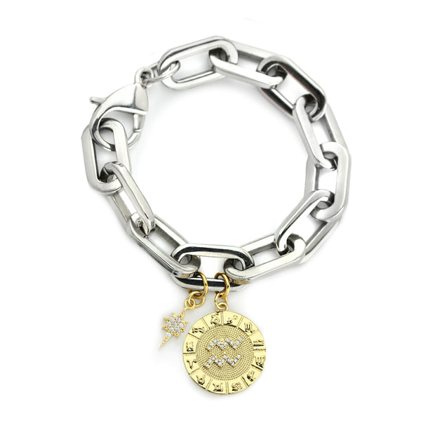 The ZODIAC PUERTO BRACELET- Aquarius made of 8" Hypoallergenic Rhodium Plated Stainless Steel chain with 20mm Gold Filled Aquarius Zodiac Charm with Micro Pave Constellation