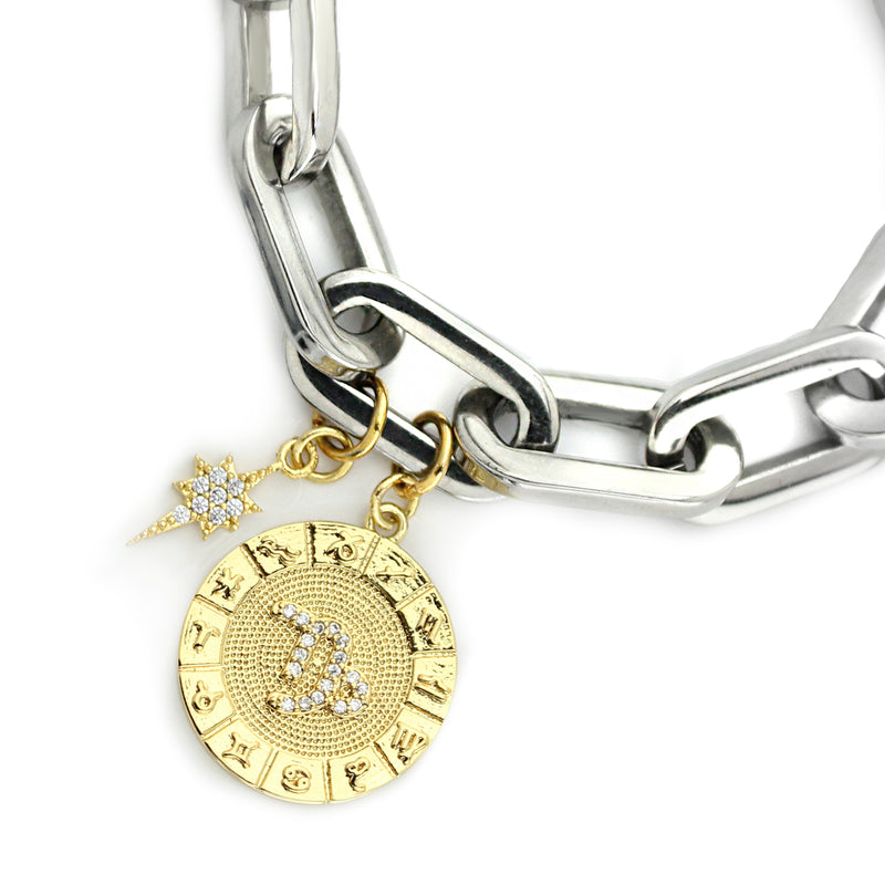 The ZODIAC PUERTO BRACELET- Capricorn made of 8" Hypoallergenic Rhodium Plated Stainless Steel chain with 20mm Gold Filled Capricorn Zodiac Charm with Micro Pave Constellation
