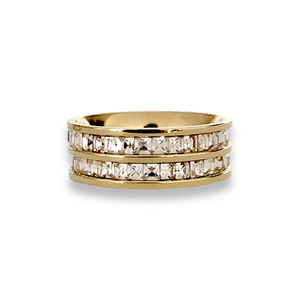 SQUARE ZIRCONIA DOBLE which looks like two rings attached made of gold plated Stainless steel with Zirconia Crystals around.