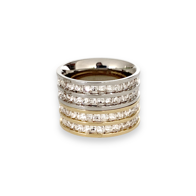 2 SQUARE ZIRCONIA DOBLE which looks like two rings attached made of gold plated and rhodium plated Stainless steel with Zirconia Crystals around.