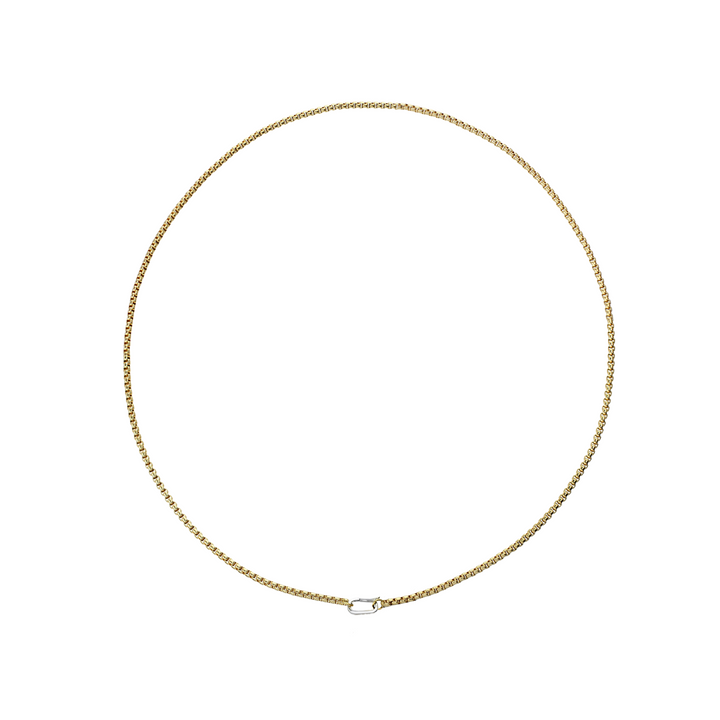 Classic Can Opener Box Chain Necklace featuring a distinctive gold link design and a silver can opener secure clasp.