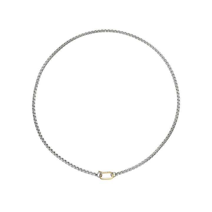 The Classic Can Opener Box Chain Necklace featuring a distinctive link silver chain design and a secure gold can opener clasp