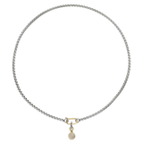 A can opener necklace with gold clasp featuring the Dot Link Charm, which is a circle shaped diamond encrusted gold charm with silver link ||| GOLD