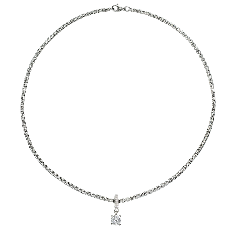 Stainless steel silver chain with The SOLITAIRE CLIP ON CHARM which is made of Pave clip on Stainless steel solitaire charm that is 20mm in length.