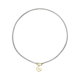 The BOX CHARM NECKLACE, a stylish silver chain necklace with gold clasp featuring a unique box-shaped pendant with a diamond accent.