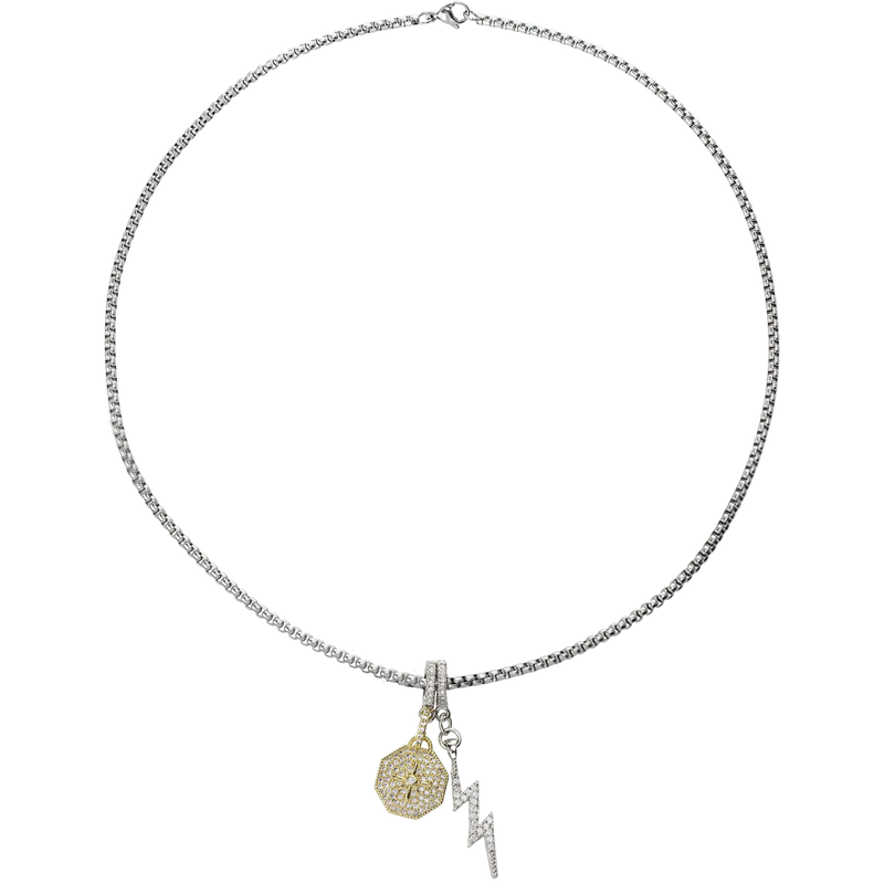 Silver thin chain with the LIGHTNING BOLT CLIP ON CHARM which is made of Pave Clip on Stainless steel 18k gold plated lighting bolt charm and the North Clip on charm.