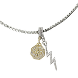 Silver thin chain with the LIGHTNING BOLT CLIP ON CHARM which is made of Pave Clip on Stainless steel 18k gold plated lighting bolt charm and the North Clip on charm.