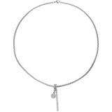 Stainless steel chain with the DOT CLIP ON CHARM and the "Bar Clip on Charm" with Pave clip on Stainless steel bar charm that is 42mm in length.