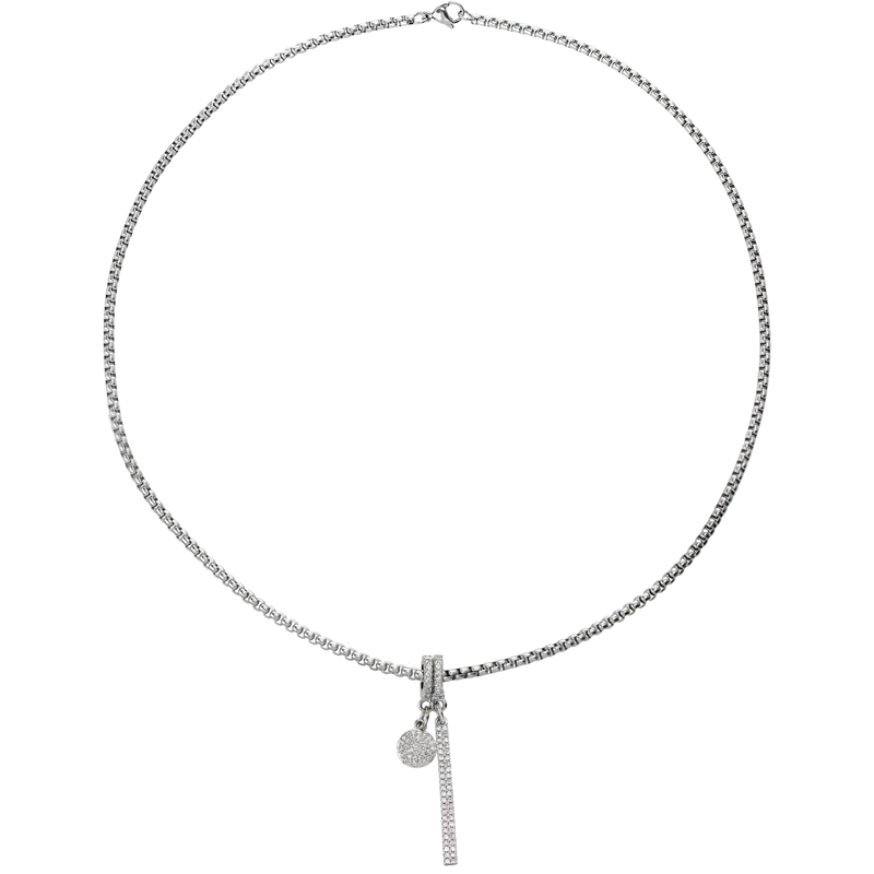 Stainless steel chain with the DOT CLIP ON CHARM and the "Bar Clip on Charm" with Pave clip on Stainless steel bar charm that is 42mm in length.