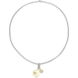 Silver necklace with the Drop Star Clip On Charm, a gold charm with a teardrop shape, a diamond-encrusted star, and a silver clip-on bale and also  circle diamond encrusted clip on charm.
