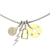 Silver chain with 4 charms including the Compass Clip on charm which is made of Stainless steel 18k gold plated compass charm and also the lock, lightning and sunburst charms. 