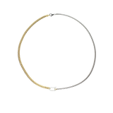 The Can Opener Mixed Chain Necklace featuring a combination of silver and gold links, with silver can opener clasp creating a bold and stylish statement.