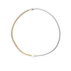 The Can Opener Mixed Chain Necklace featuring a combination of silver and gold links, with silver can opener clasp creating a bold and stylish statement.