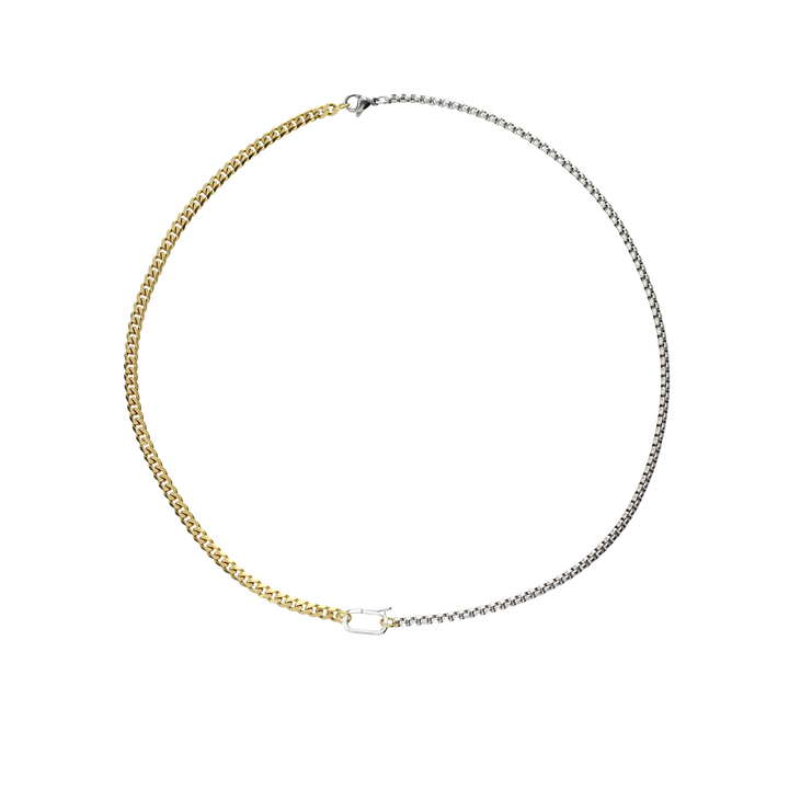 The Can Opener Mixed Chain Necklace featuring a combination of silver and gold links, with silver can opener clasp creating a bold and stylish statement.