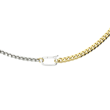 The Can Opener Mixed Chain Necklace featuring a combination of silver and gold links, with silver can opener clasp creating a bold and stylish statement.
