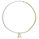A mix metal can opener necklace with the Dot Link Charm, which is a circle shaped diamond encrusted charm and the mini lightning link charms. ||| SILVER