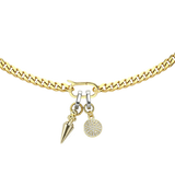 A can opener necklace with the Dot Link Charm, which is a circle shaped diamond encrusted gold charm with silver link and the link spike charm. ||| GOLD