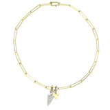 The paper clip chain necklace with the Daga Link Charm, a sparkling silver charm featuring a spike shaped with dazzling array of diamonds and a gold triangle charm with a diamond.