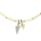 The paper clip chain necklace with the Daga Link Charm, a sparkling silver charm featuring a spike shaped with dazzling array of diamonds and a gold triangle charm with a diamond.
