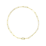 The Paper Clip Chain, a gold chain necklace featuring elongated, open oval links reminiscent of paperclips.