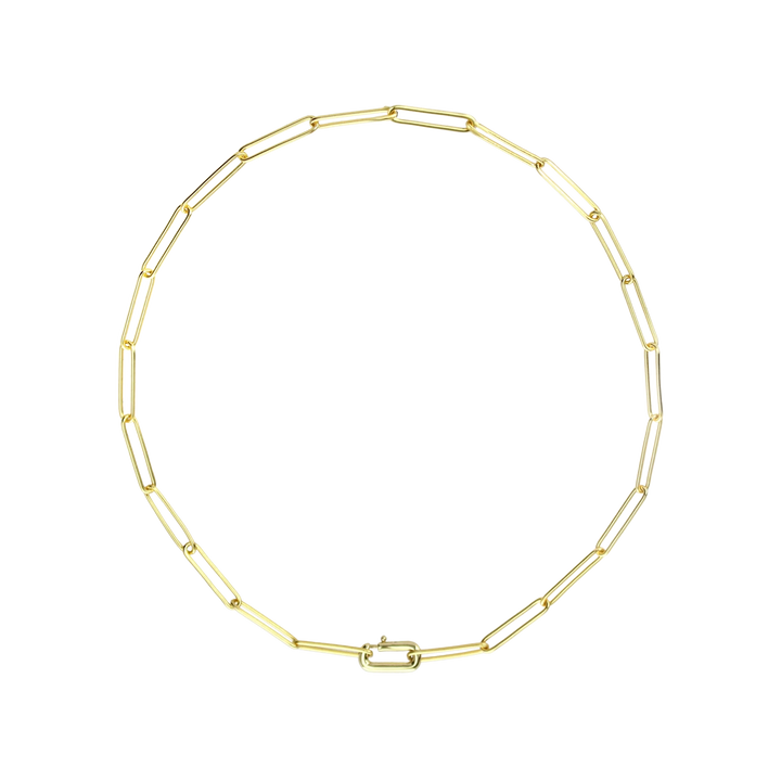 The Paper Clip Chain, a gold chain necklace featuring elongated, open oval links reminiscent of paperclips.