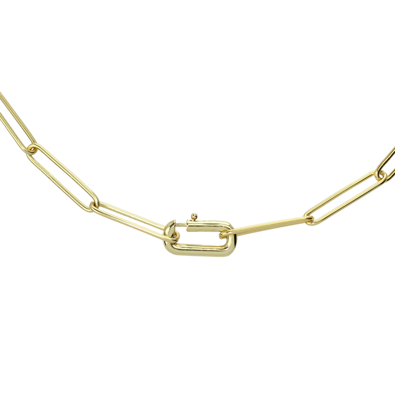 The PAPER CLIP CHAIN which is made of Sterling silver 18k gold plated paperclip chain that is 15.5" long and has a Gold filled oval clasp. 