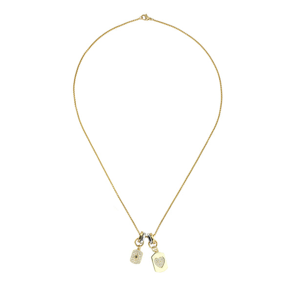 The SINGLE CHARM NECKLACE which is 1mm wide, Stainless steel 18K gold plated chain with two dainty gold filled charms.