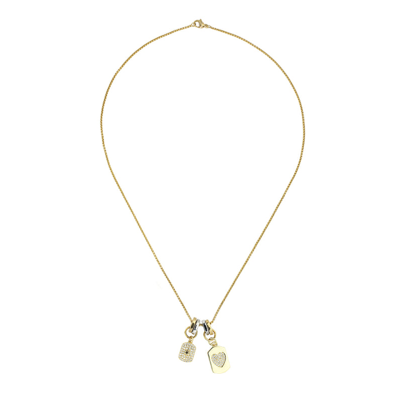 The 18" SINGLE CHARM NECKLACE which is 1mm wide, Stainless steel 18K gold plated chain with two dainty gold filled charms.