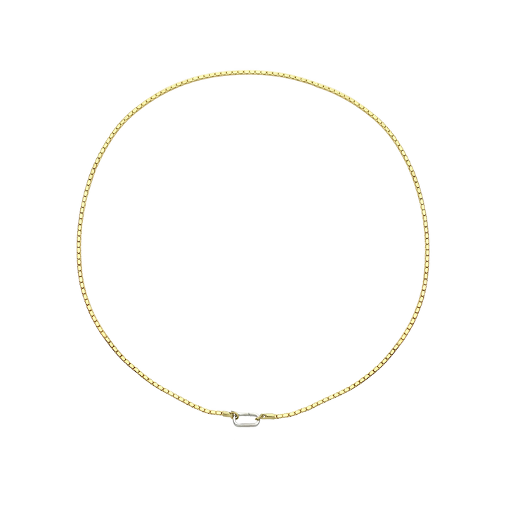 Sleek Can Opener Snake Chain Necklace featuring a delicate, gold snake-like link chain design and a silver can opener secure clasp.