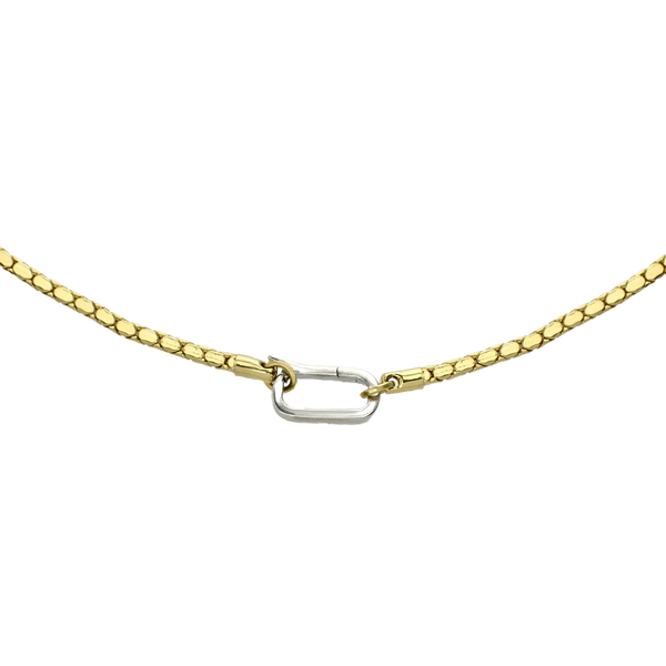 The CAN OPENER SNAKE CHAIN which is made of 18k gold plated thin snake chain with silver round clasp.