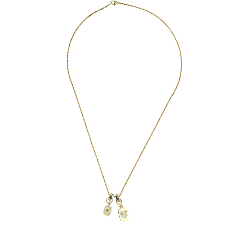 The 20" SINGLE CHARM NECKLACE which is 1mm wide, Stainless steel 18K gold plated chain with two dainty gold filled charms.