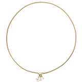 The Can opener necklace with The Drop Link charm which is a diamond tear shaped with gold link charm, the mini star and a round silver with north star diamond detail charms.