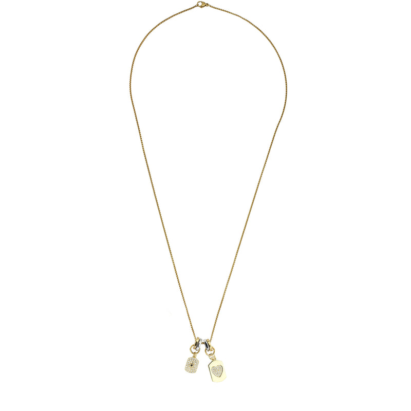 The 24" SINGLE CHARM NECKLACE which is 1mm wide, Stainless steel 18K gold plated chain with two dainty gold filled charms.