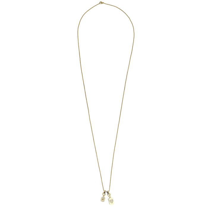 The 34" SINGLE CHARM NECKLACE which is 1mm wide, Stainless steel 18K gold plated chain with two dainty gold filled charms.