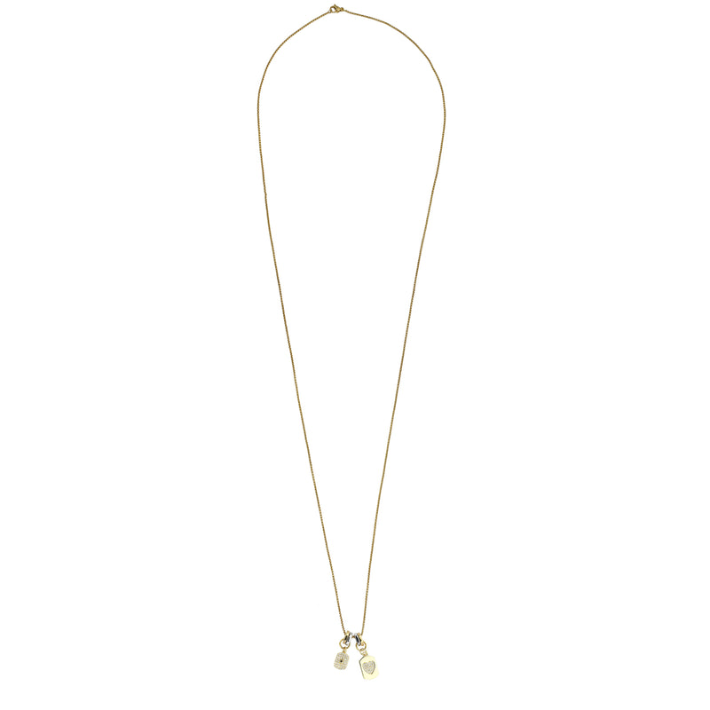 The 34" SINGLE CHARM NECKLACE which is 1mm wide, Stainless steel 18K gold plated chain with two dainty gold filled charms.