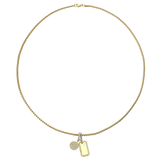 Gold necklace with the circle clip on charm and the PLAQUE CLIP ON CHARM which is made of Pave Clip on Stainless steel 18k gold plated pave plaque.