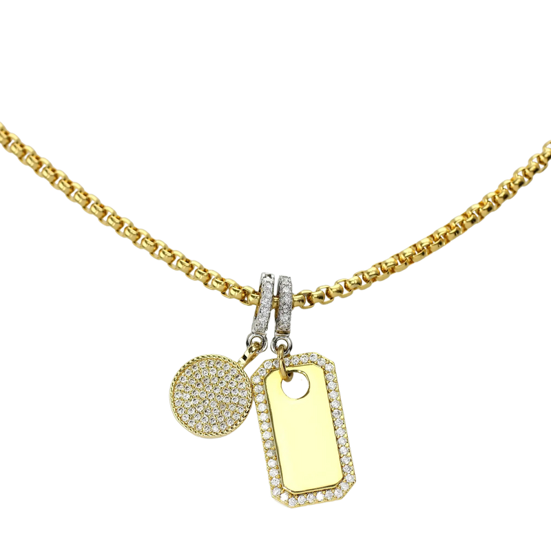 Gold necklace with the circle clip on charm and the PLAQUE CLIP ON CHARM which is made of Pave Clip on Stainless steel 18k gold plated pave plaque.
