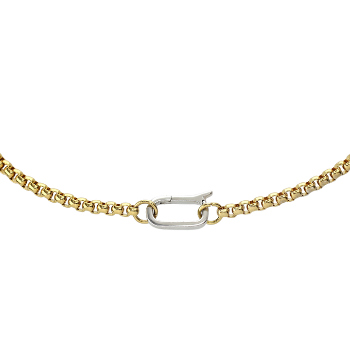 Classic Can Opener Box Chain Necklace featuring a distinctive gold link design and a silver can opener secure clasp.
