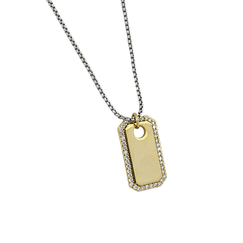 Stainless steel Rhodium plated chain with a dainty gold filled tag charm.