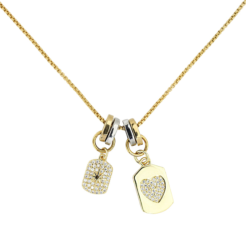 The SINGLE CHARM NECKLACE which is 1mm wide, Stainless steel 18K gold plated chain with two dainty gold filled charms.