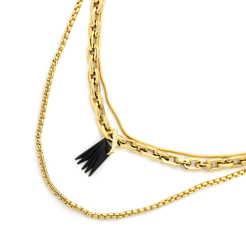 SILENCE LAYERED NECKLACE SET which comes in 3 separate chains. It includes an 18k gold plated puerto chain which is 17 inches in length with black triangle charms & Zirconia, one thin gold plated necklace and another thin gold necklace that are 16 and 20 inches in length..